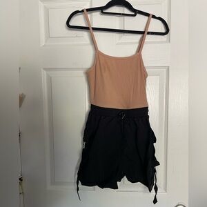 No Boundaries Tan Ribbed Top with black cargo shorts (Romper) attached